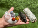 Home Protection Crystal Kit: Tourmaline,  White Sage, 7 Chakra Crystal set (Home Cleansing, Crystal Protection Kit)
