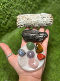 Home Protection Crystal Kit: Tourmaline,  White Sage, 7 Chakra Crystal set (Home Cleansing, Crystal Protection Kit)