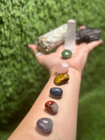 Home Protection Crystal Kit: 7 Chakra set, Selenite Tower, Tourmaline,  White Sage (Home Cleansing, Crystal Protection Kit)