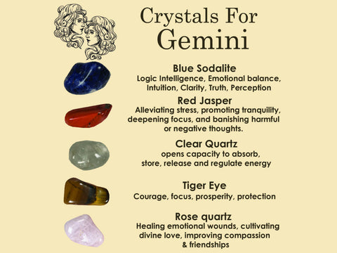 GEMINI Crystal Set, 5x Crystals Set For GEMINI( Blue Sodalite, Red Jasper, Clear Quartz, Tiger Eye, Rose Quartz)