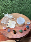 7 Chakra Crystal Set with Selenite Bowl (Rose Quartz, Amethyst, Green Aventurine, Red Jasper, Tiger Eye, Blue Sodalite, Clear Quartz)