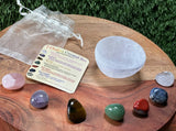 7 Chakra Crystal Set with Selenite Bowl (Rose Quartz, Amethyst, Green Aventurine, Red Jasper, Tiger Eye, Blue Sodalite, Clear Quartz)