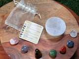 7 Chakra Crystal Set with Selenite Bowl (Rose Quartz, Amethyst, Green Aventurine, Red Jasper, Tiger Eye, Blue Sodalite, Clear Quartz)