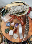 White Sage Smudging kit, White sage 4", Palo Santo 4", Abalone Shell + Stand, Turkey Feather, 7 Chakra stones, Desert Rose,Selenite stick 4"