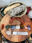 White Sage Smudging kit, White sage 4", Palo Santo 4", Abalone Shell + Stand, Turkey Feather, 7 Chakra stones, Desert Rose,Selenite stick 4"