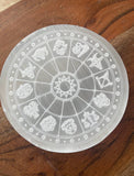 Selenite Horoscope Charging Plate , 4 inch diameter ,  0.625 in thick , Charging station , Selenite charging Station
