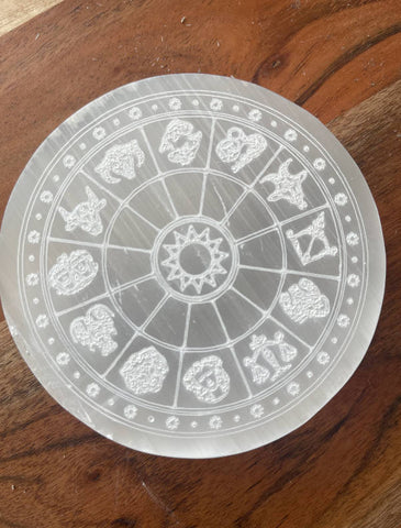 Selenite Horoscope Charging Plate , 4 inch diameter ,  0.625 in thick , Charging station , Selenite charging Station