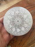 Selenite Horoscope Charging Plate , 4 inch diameter ,  0.625 in thick , Charging station , Selenite charging Station