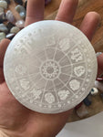 Selenite Horoscope Charging Plate , 4 inch diameter ,  0.625 in thick , Charging station , Selenite charging Station