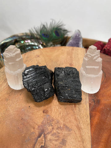 2 Selenite Towers  2.5 " & 2 High Grade Black Tourmaline Logs: Home Protection Kit, selenite skyscraper