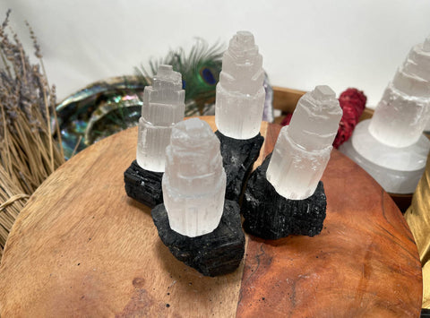 4 Selenite Towers  2.5 " & 4 High Grade Black Tourmaline Logs: Home Protection Kit, selenite skyscraper