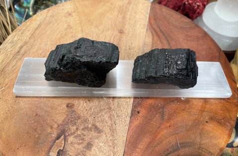 8" Polished Selenite Charging Station & 2 Extra Grade Black Tourmaline Logs (Home Protection Kit, Cleansing, Meditation) Must Have Kits