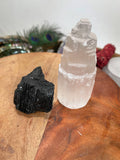 1 Selenite Towers  4 " & 1 High Grade Black Tourmaline Logs: Home Protection Kit, selenite skyscraper, Fast FREE SHIPPING