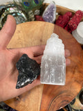1 Selenite Towers  4 " & 1 High Grade Black Tourmaline Logs: Home Protection Kit, selenite skyscraper, Fast FREE SHIPPING