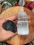 1 Selenite Towers  4 " & 1 High Grade Black Tourmaline Logs: Home Protection Kit, selenite skyscraper, Fast FREE SHIPPING