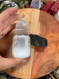1 Selenite Towers  4 " & 1 High Grade Black Tourmaline Logs: Home Protection Kit, selenite skyscraper, Fast FREE SHIPPING