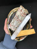 Green Sea Abalone Shell Bundle (selenite wound, palo santo, white sage, sea shell)