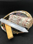 Green Sea Abalone Shell Bundle (selenite wound, palo santo, white sage, sea shell)