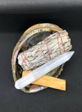 Green Sea Abalone Shell Bundle (selenite wound, palo santo, white sage, sea shell)