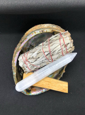 Green Sea Abalone Shell Bundle (selenite wound, palo santo, white sage, sea shell)