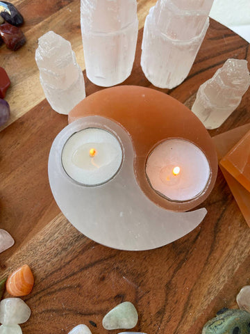 Yin Yang Selenite Candle Holder, Selenite candle holder, Made From Natural Selenite Crystal & Himalayan Salt,Selenite Tealight, Selenite