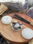 Polished Selenite Charging Station Engraved Round crystal plate,Flat Crystal Plate ,Crystal charging,Protection Cleansing Meditation Crystal