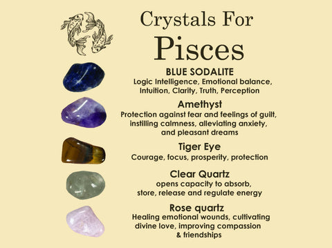 PISCES Crystal Set, 5x Crystals Set For PISCES ( Blue Sodalite, Amethyst, Tiger Eye, Clear Quartz, Rose Quartz)