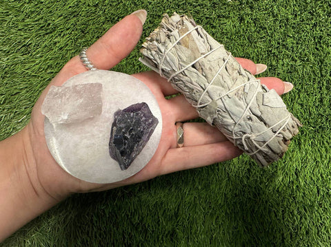 Home Protection Crystal Kit: Amethyst, Rose Quartz, Selenite Round, White Sage (Home Cleansing, Crystal Protection Kit)