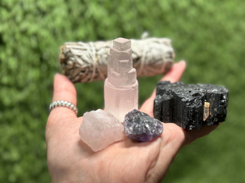 Home Protection Crystal Kit: Amethyst, Rose Quartz, Selenite Tower, Tourmaline,  White Sage (Home Cleansing, Crystal Protection Kit)
