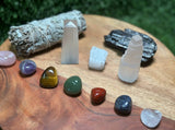 Home Protection Crystal Kit:7 Chakra set, Selenite Obelisk, Chunk, Tower, Tourmaline,  White Sage (Home Cleansing, Crystal Protection Kit)