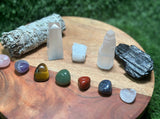 Home Protection Crystal Kit:7 Chakra set, Selenite Obelisk, Chunk, Tower, Tourmaline,  White Sage (Home Cleansing, Crystal Protection Kit)