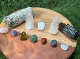 Home Protection Crystal Kit:7 Chakra set, Selenite Obelisk, Chunk, Tower, Tourmaline,  White Sage (Home Cleansing, Crystal Protection Kit)