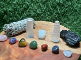 Home Protection Crystal Kit:7 Chakra set, Selenite Obelisk, Chunk, Tower, Tourmaline,  White Sage (Home Cleansing, Crystal Protection Kit)