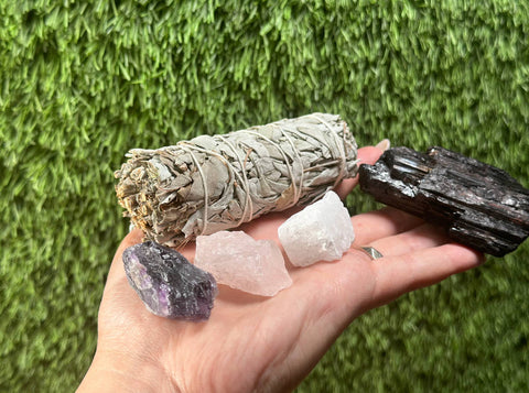 Home Protection Crystal Kit: Amethyst, Rose Quartz, Selenite Chunk, Tourmaline,  White Sage,  (Home Cleansing, Crystal Protection Kit)